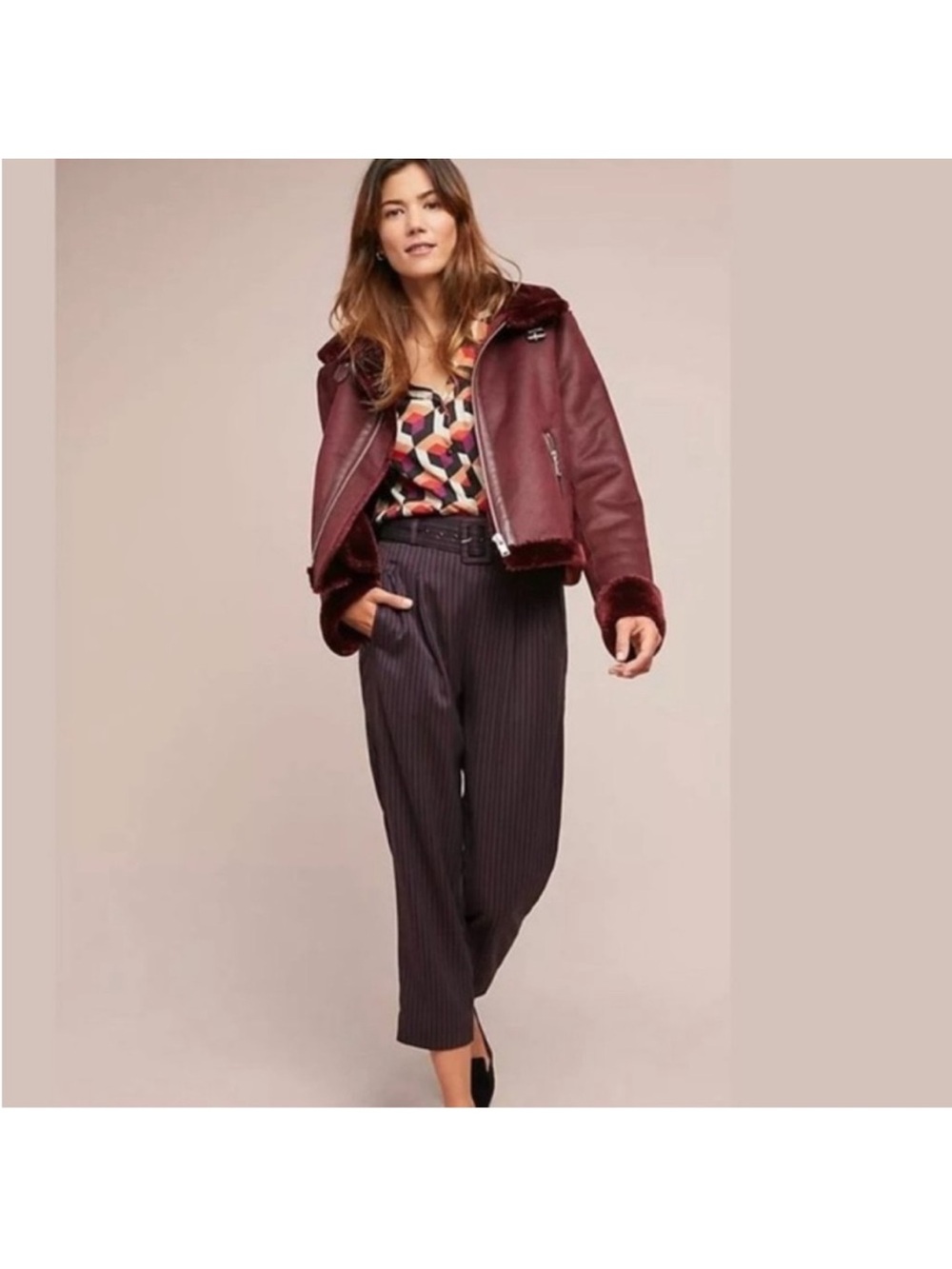 Cartonnier by Anthropologie Navy Burgundy Stripe Cropped Trouser Pants  Womens 2